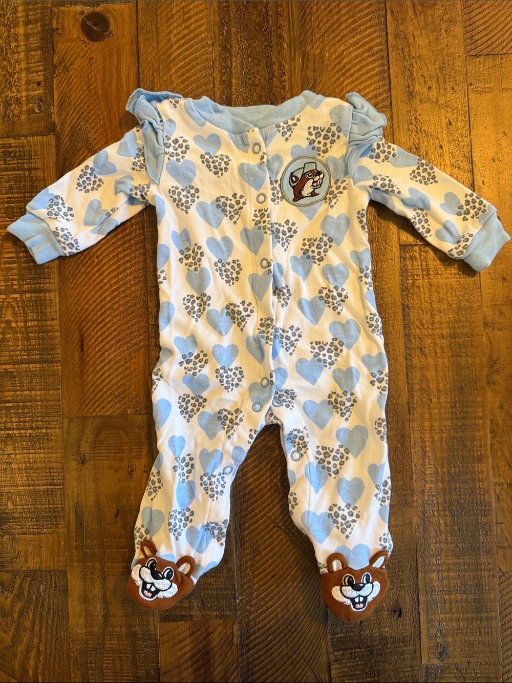 Blue Heart Print Footed Baby One-Piece with Bear Feet